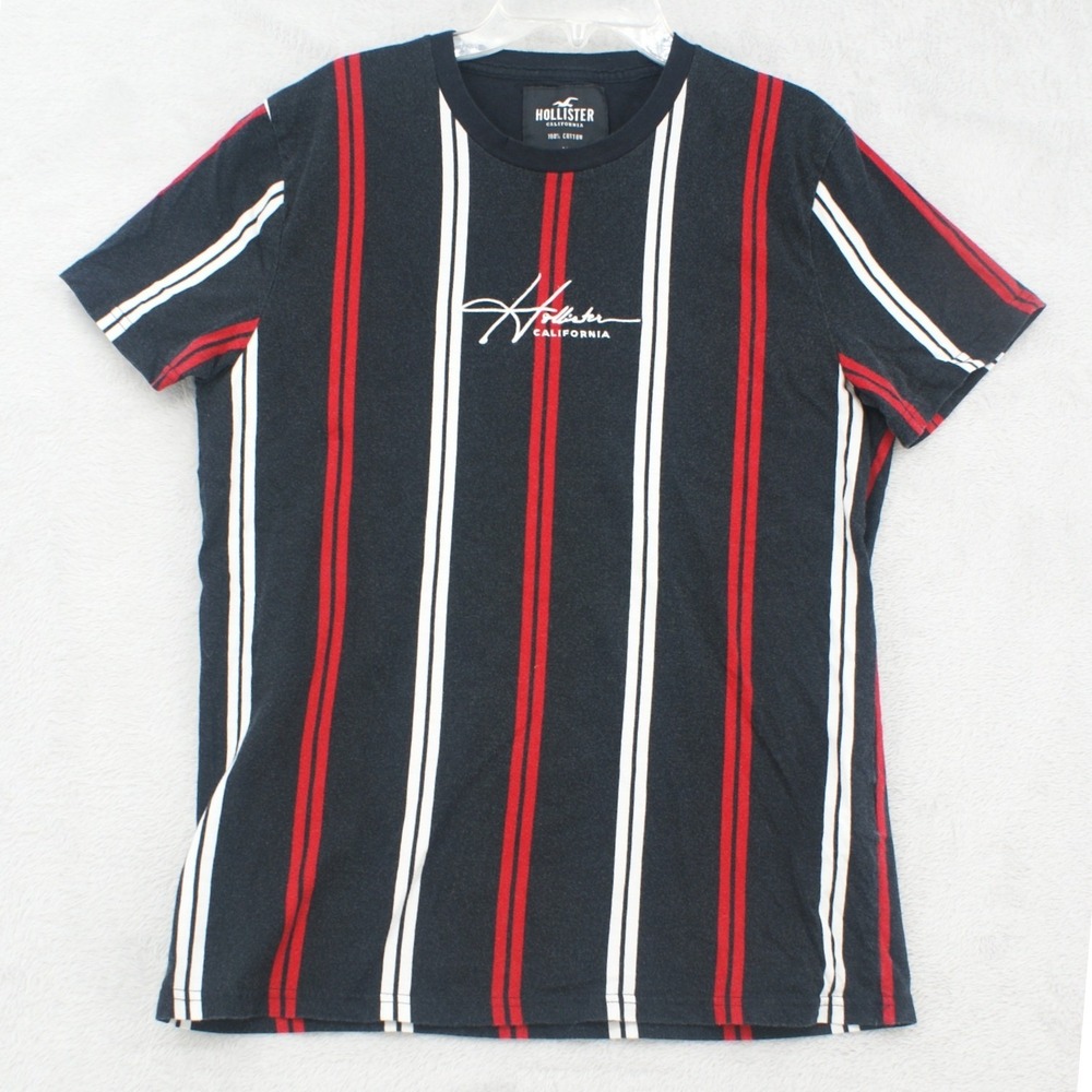Hollister California Mens T-Shirt Mediumโ Black Red White Vertical Stripe Cotton